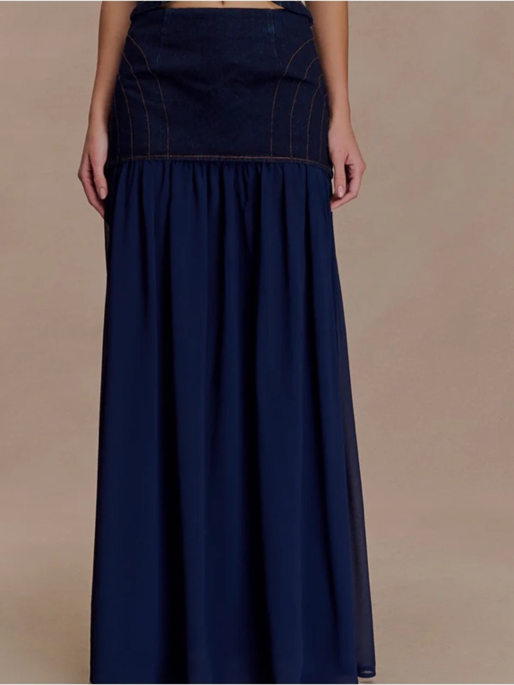 MESHKI Dayna Denim Halter Top + Tully Denim Chiffon Maxi Skirt Set XL NWT